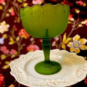 Vintage Indiana glass Teardrop Green Satin Pedestal Compote/Candy dish
